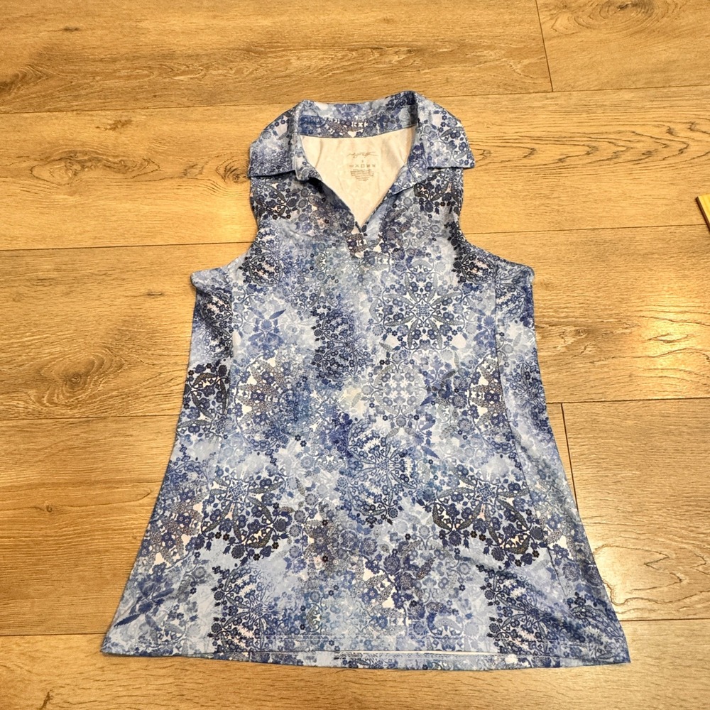 Gottex Blue Floral Sleeveless Golf Polo Shirt Womens Small S‎ Racerback